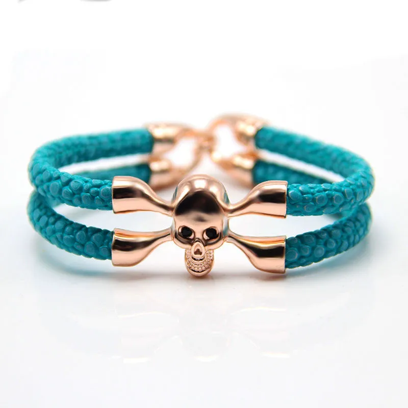 New Arrival baseball stingray leather skull bracelet Luxury man Skull Bracelet handmade high qaulity leather bracelet