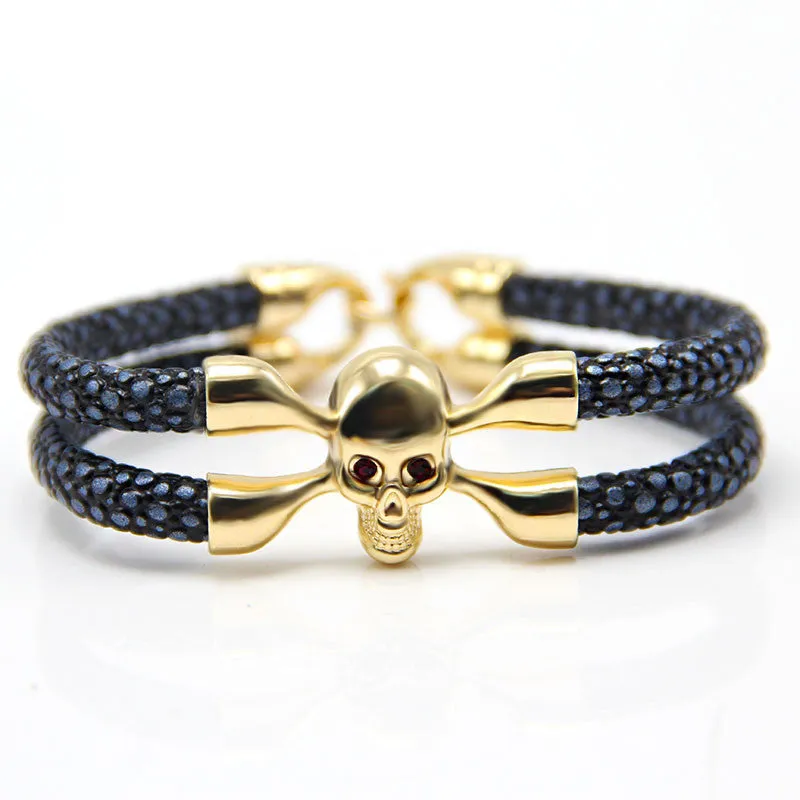 New Arrival baseball stingray leather skull bracelet Luxury man Skull Bracelet handmade high qaulity leather bracelet