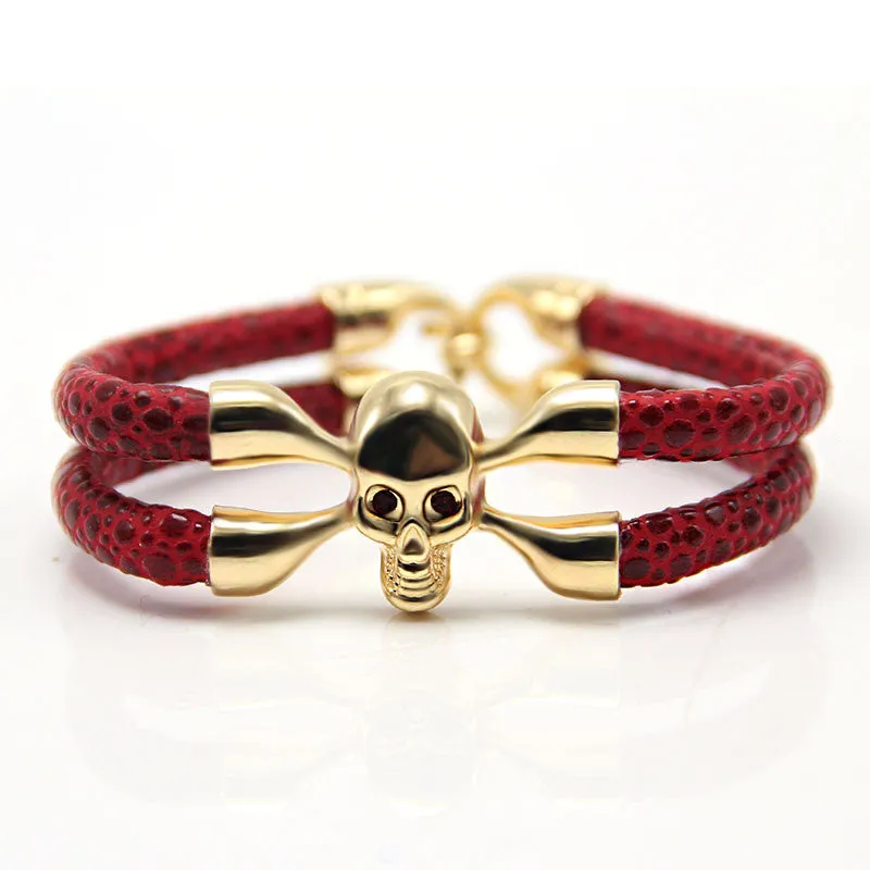 New Arrival baseball stingray leather skull bracelet Luxury man Skull Bracelet handmade high qaulity leather bracelet