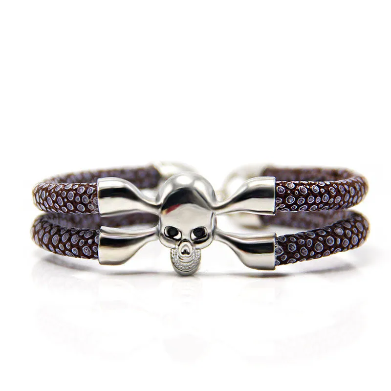 New Arrival baseball stingray leather skull bracelet Luxury man Skull Bracelet handmade high qaulity leather bracelet