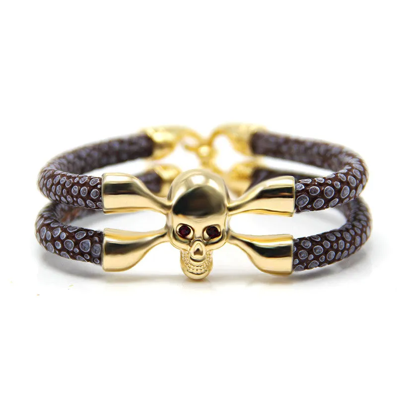 New Arrival baseball stingray leather skull bracelet Luxury man Skull Bracelet handmade high qaulity leather bracelet