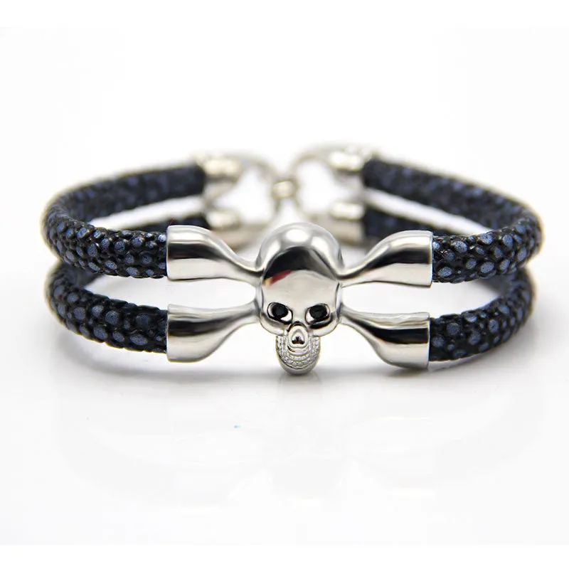 New Arrival baseball stingray leather skull bracelet Luxury man Skull Bracelet handmade high qaulity leather bracelet