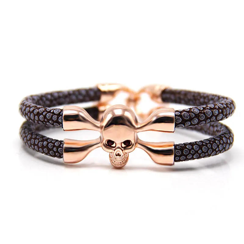 New Arrival baseball stingray leather skull bracelet Luxury man Skull Bracelet handmade high qaulity leather bracelet
