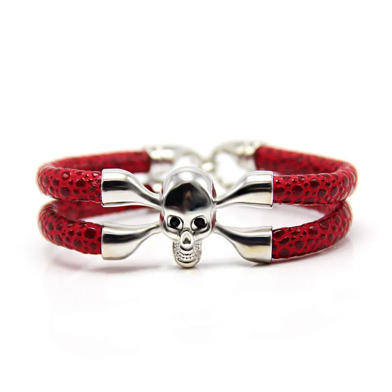 New Arrival baseball stingray leather skull bracelet Luxury man Skull Bracelet handmade high qaulity leather bracelet