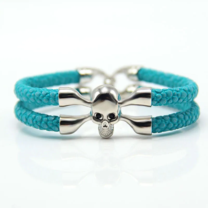 New Arrival baseball stingray leather skull bracelet Luxury man Skull Bracelet handmade high qaulity leather bracelet