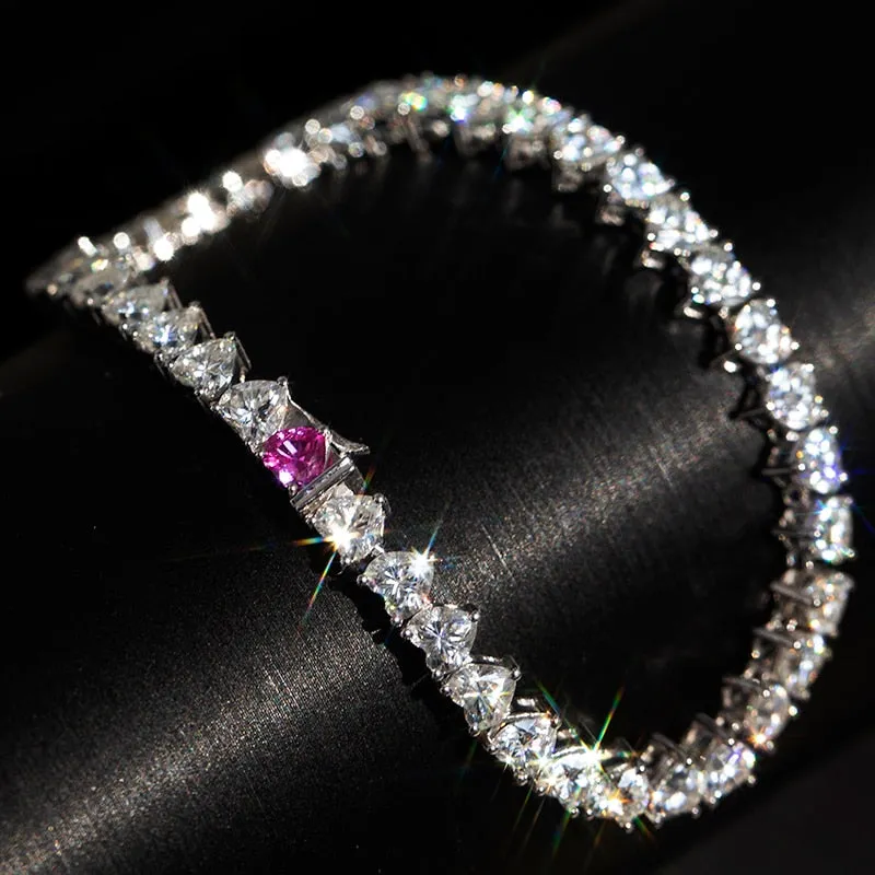 New product fashion jewelry gift 18K white gold pink sapphire heart cut moissanite diamond tennis bracelet