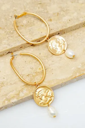 Oval Hoop And Coin with Fresh Water Pearl Earrings