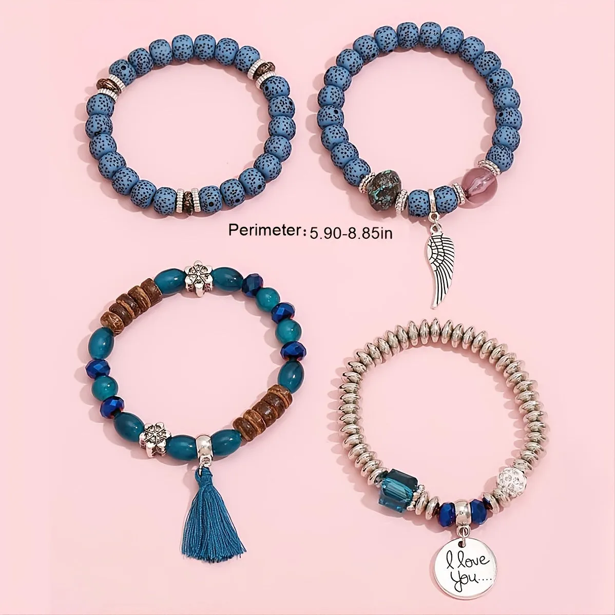 Polyamide Beaded Bracelet Set of 4 Crystal Layered Pipestone Bracelet