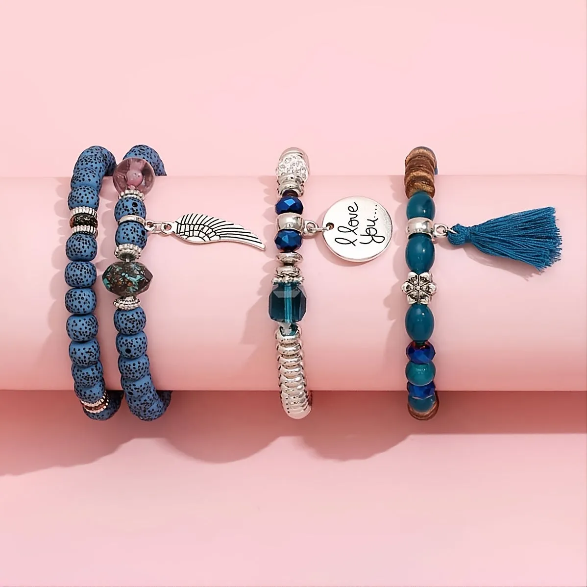 Polyamide Beaded Bracelet Set of 4 Crystal Layered Pipestone Bracelet