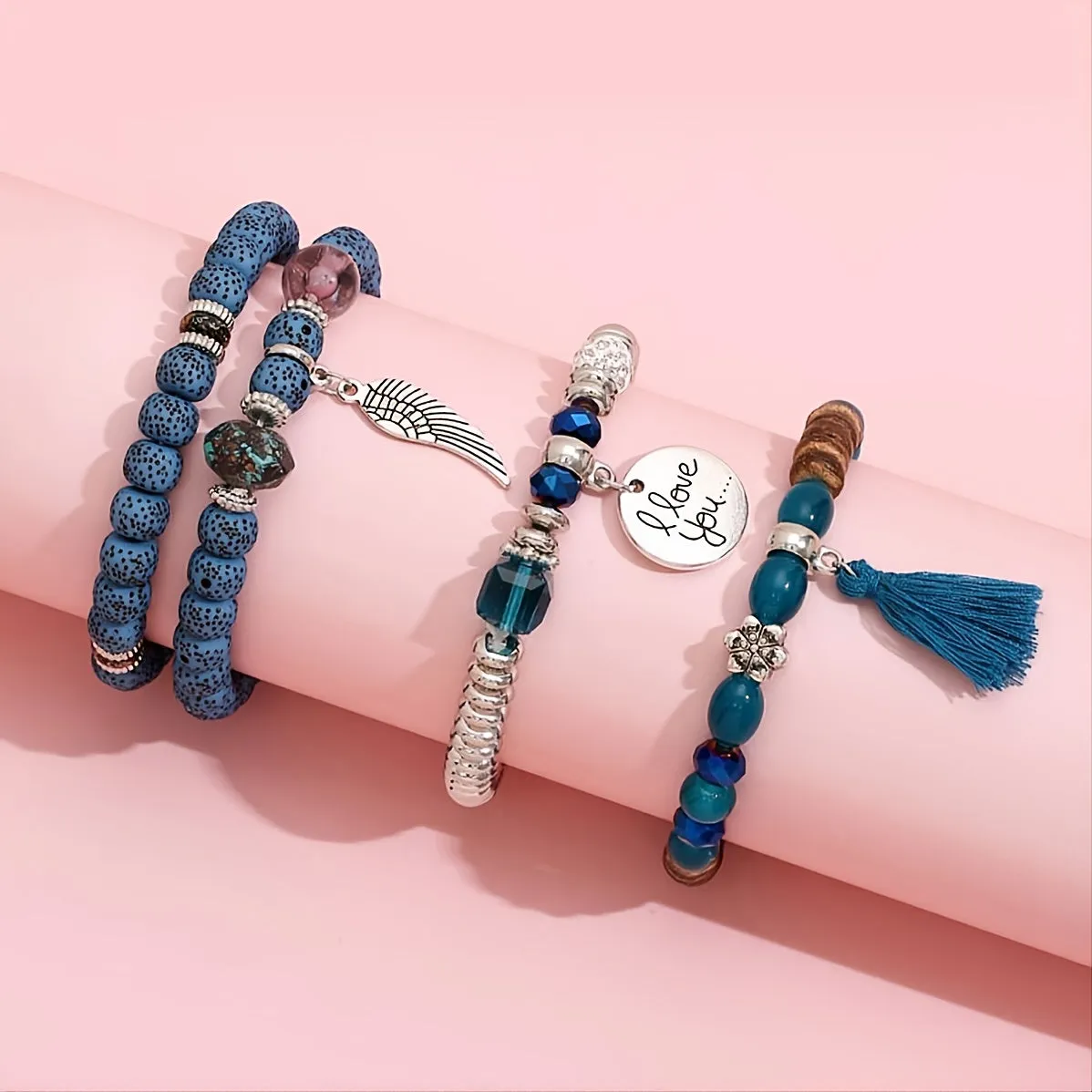 Polyamide Beaded Bracelet Set of 4 Crystal Layered Pipestone Bracelet