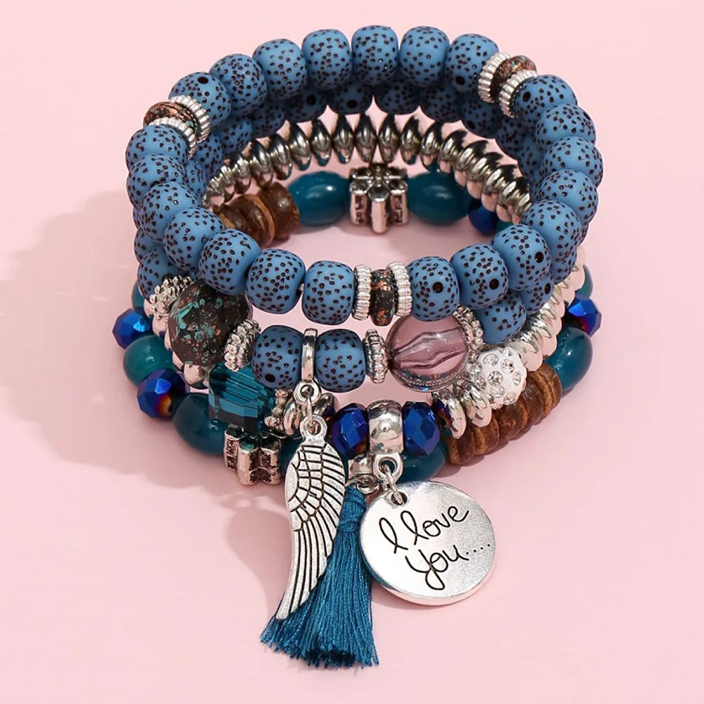 Polyamide Beaded Bracelet Set of 4 Crystal Layered Pipestone Bracelet