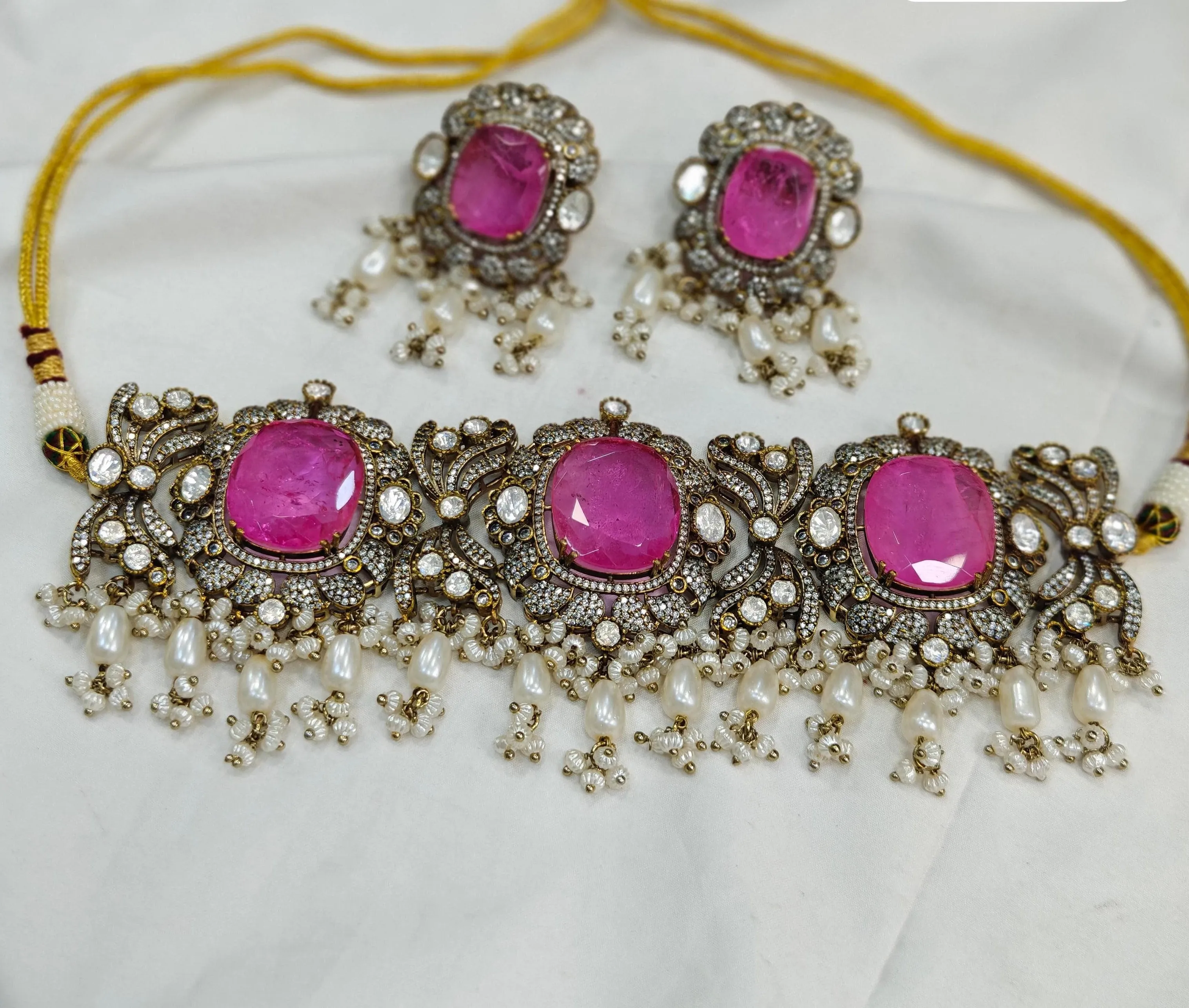 Premium Quality Victorian Kundan Choker Jewelry Set with Large Stones and Matching Earrings