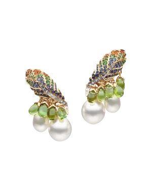 Rain Bird Feather Pearl Earrings | 7-10mm Keshi Pearls, Gemstones, and Yellow Gold