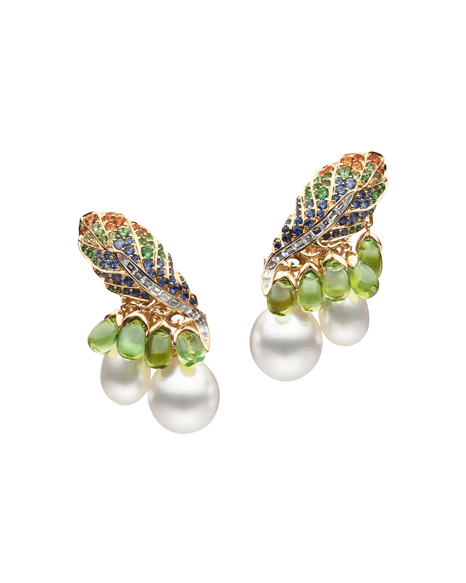 Rain Bird Feather Pearl Earrings | 7-10mm Keshi Pearls, Gemstones, and Yellow Gold