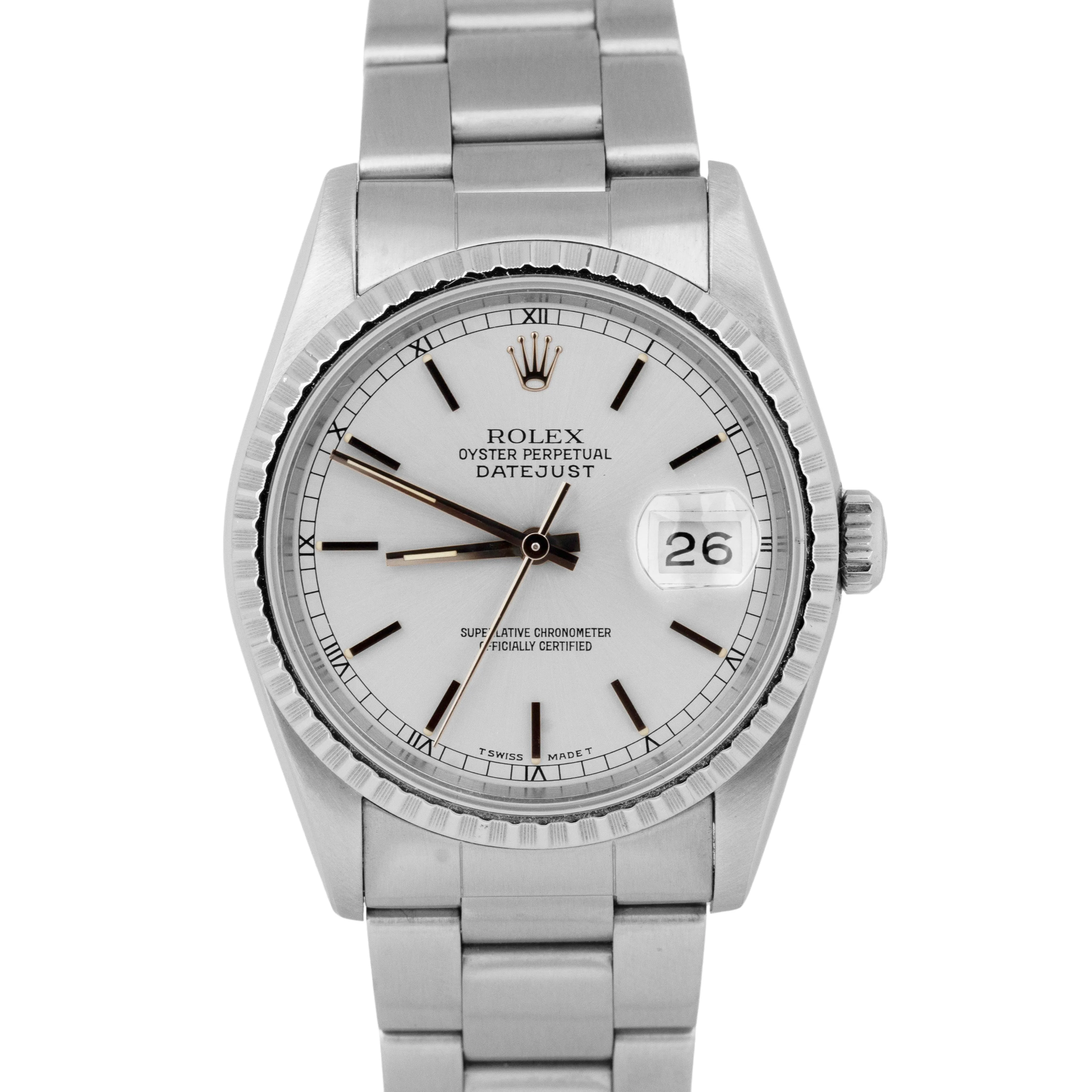 Rolex DateJust Silver 36mm ENGINE TURNED Stainless Steel Oyster Watch 16220