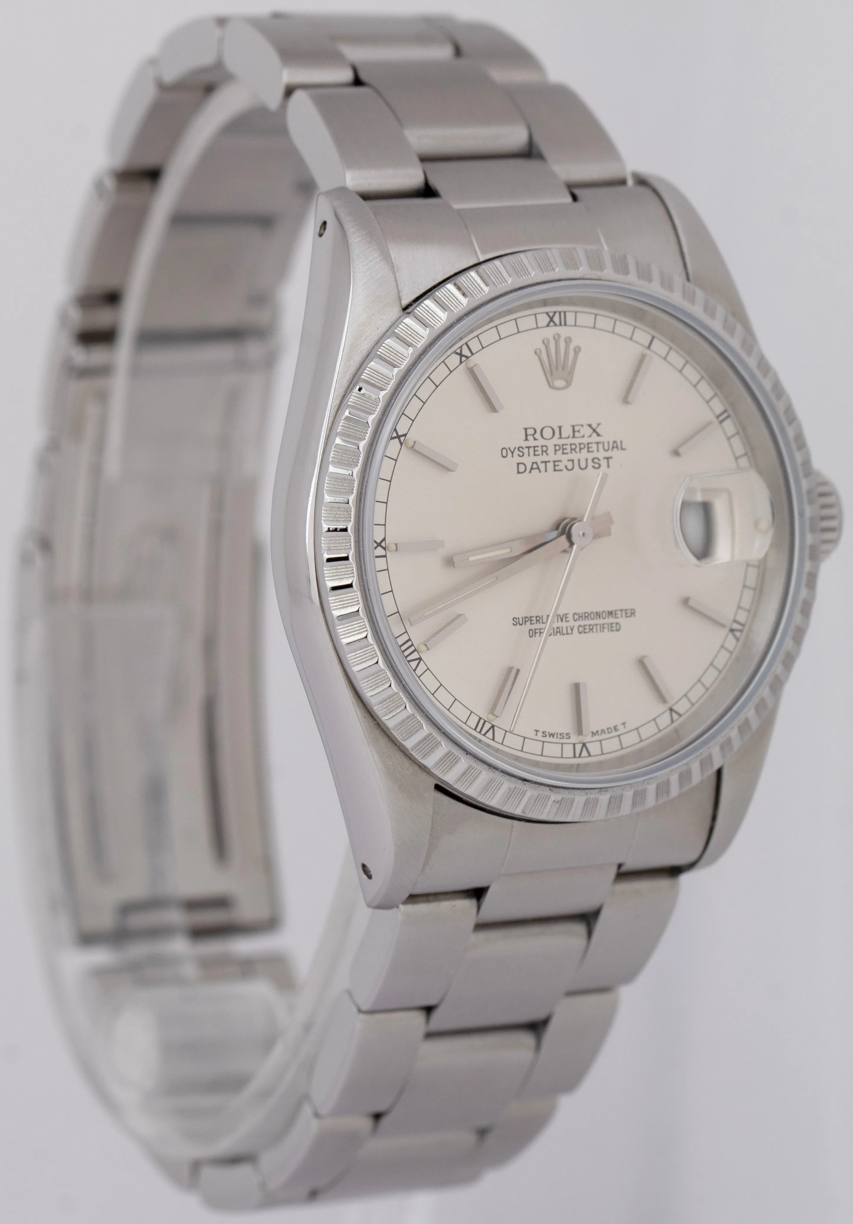 Rolex DateJust Silver 36mm ENGINE TURNED Stainless Steel Oyster Watch 16220