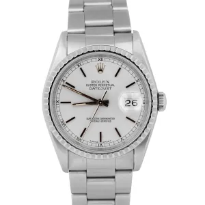 Rolex DateJust Silver 36mm ENGINE TURNED Stainless Steel Oyster Watch 16220