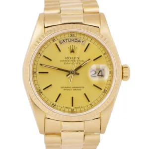 Rolex Day-Date President 36mm CHAMPAGNE 18K Yellow Gold Fluted Watch 18038