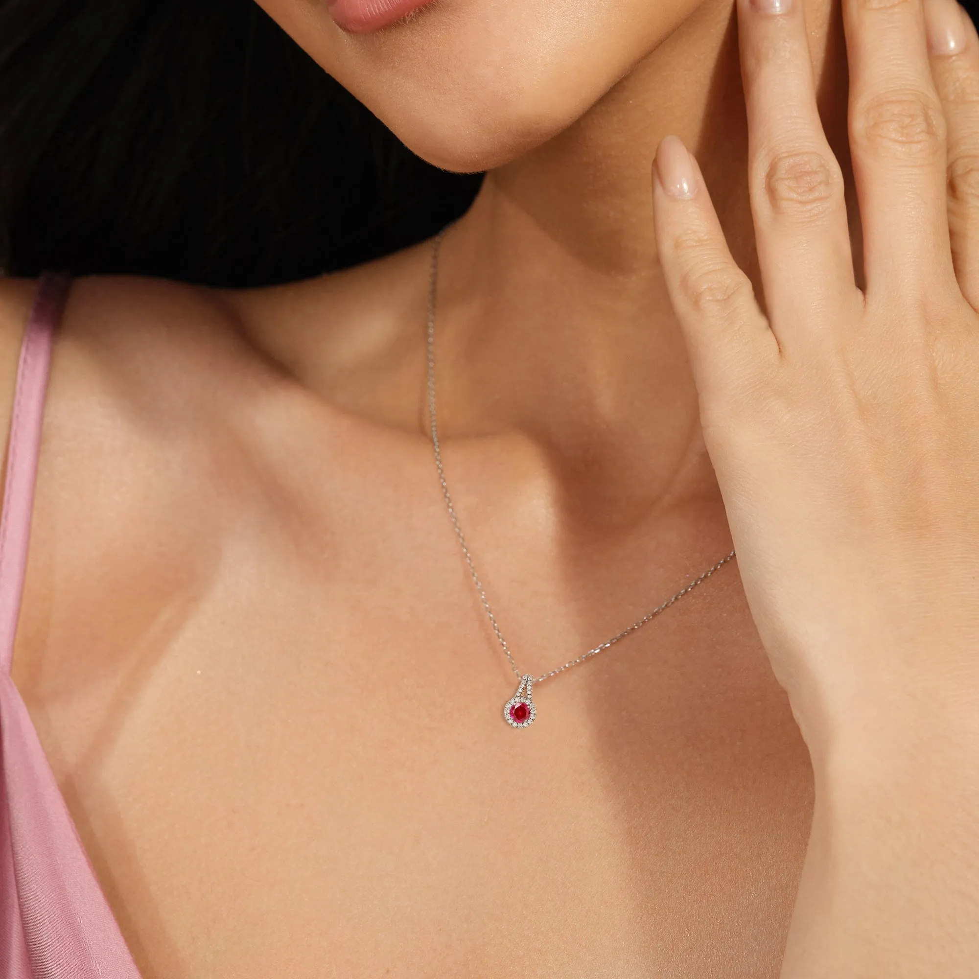Round Created Ruby and Lab Diamond Classic Halo Pendant With Studded Split Bale