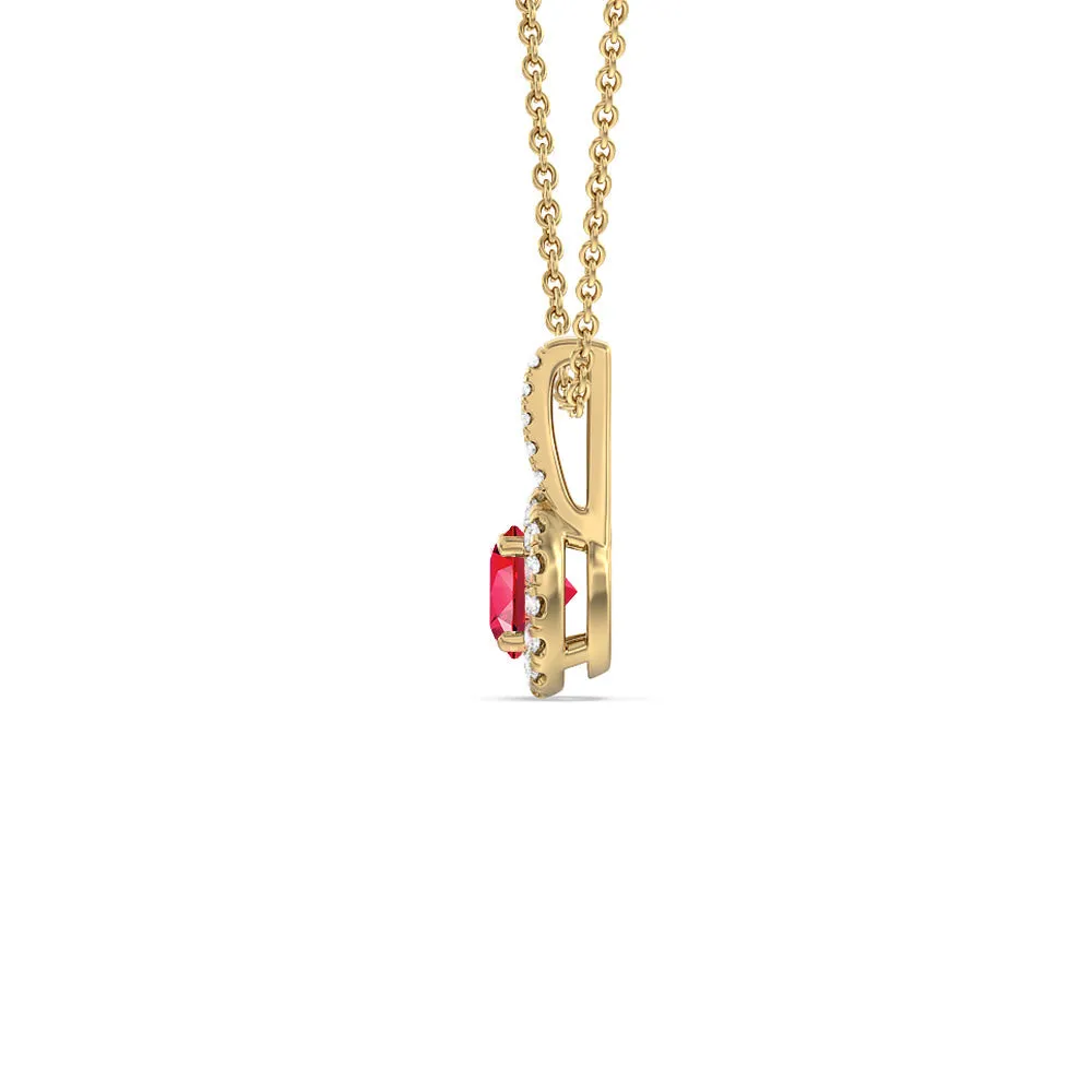 Round Created Ruby and Lab Diamond Classic Halo Pendant With Studded Split Bale