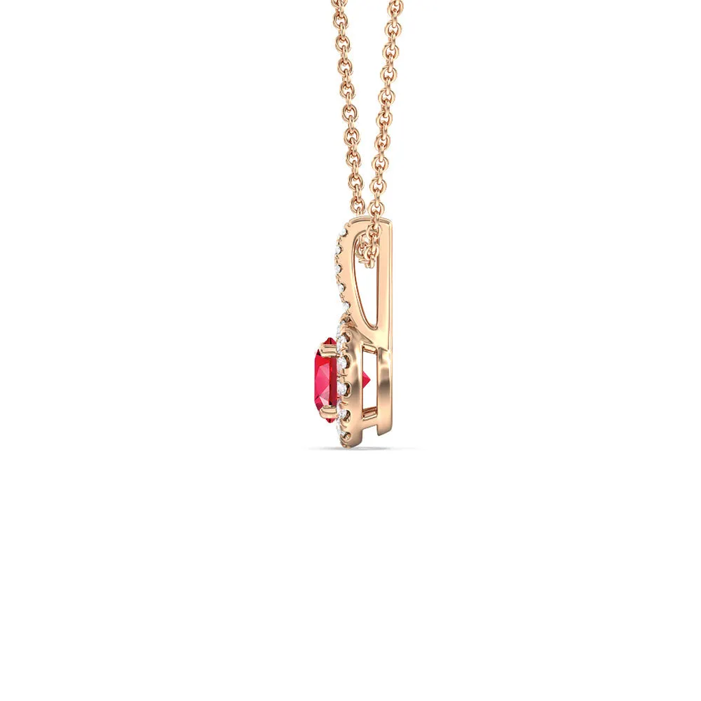 Round Created Ruby and Lab Diamond Classic Halo Pendant With Studded Split Bale