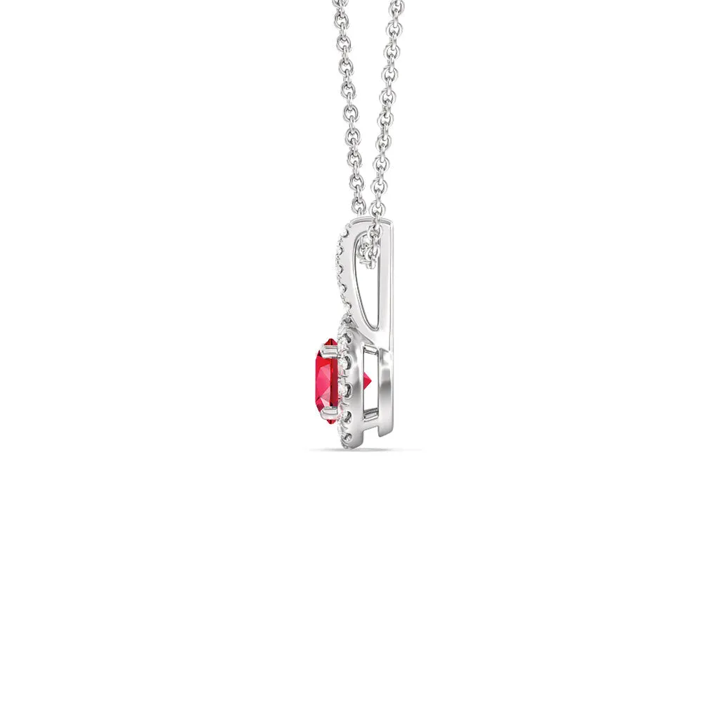 Round Created Ruby and Lab Diamond Classic Halo Pendant With Studded Split Bale