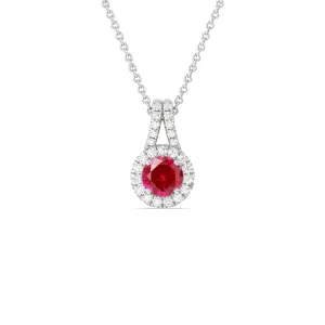 Round Created Ruby and Lab Diamond Classic Halo Pendant With Studded Split Bale