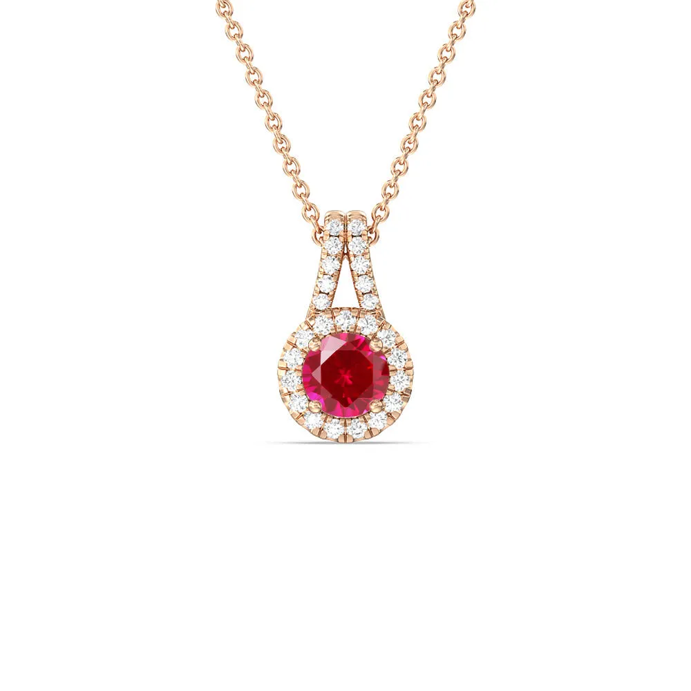 Round Created Ruby and Lab Diamond Classic Halo Pendant With Studded Split Bale