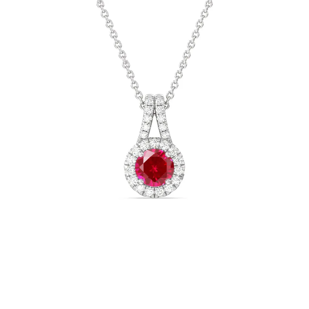 Round Created Ruby and Lab Diamond Classic Halo Pendant With Studded Split Bale