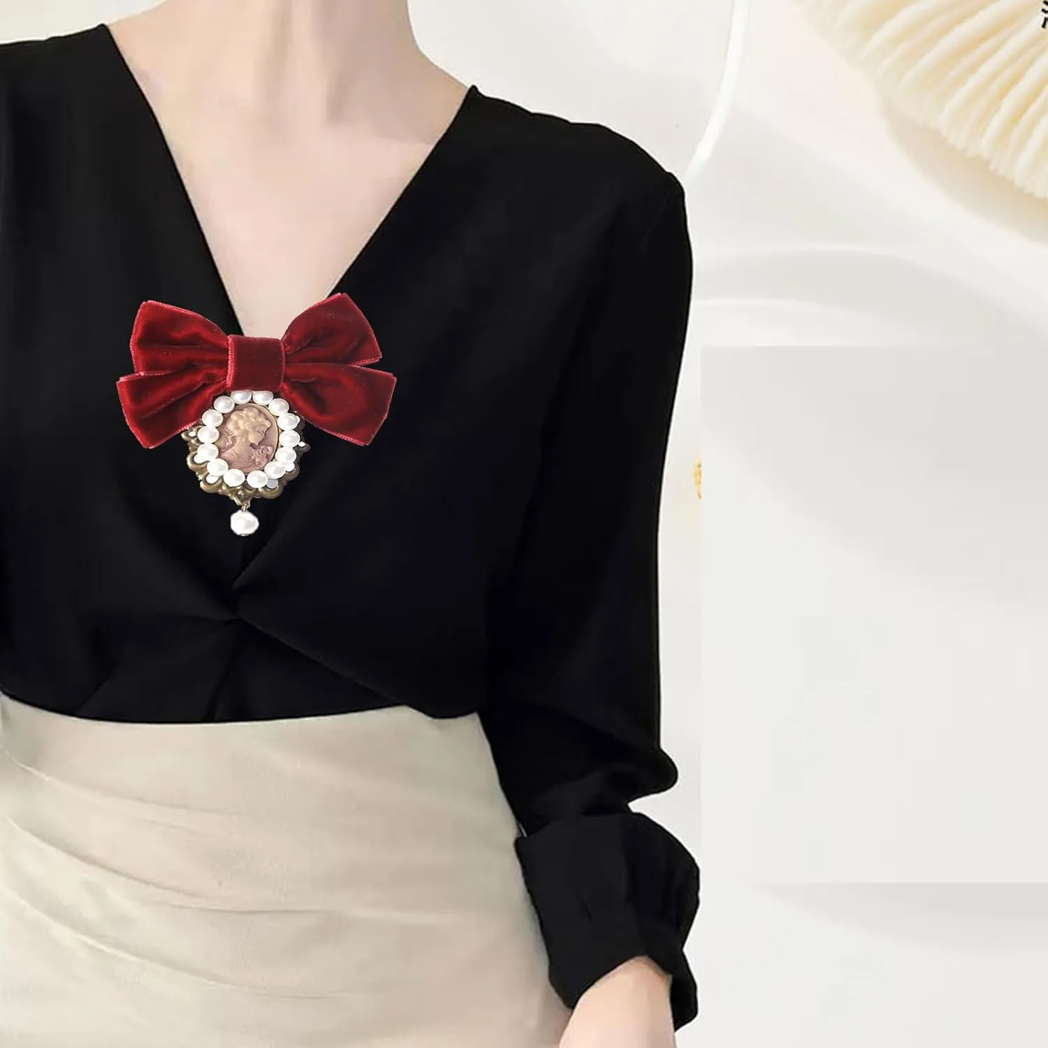 Safety Cameo Brooch Velvet Bow Pearl Brooch Pins,Vintage Red Women's Victorian Cameo Brooch Bow Ties,Pearl Brooch Pins Shawl Clips for Teen Girls Gifts