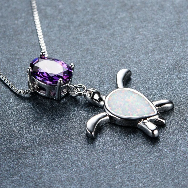 Save Sea Turtle Pendant Necklace | Fire Opal 925 Sterling