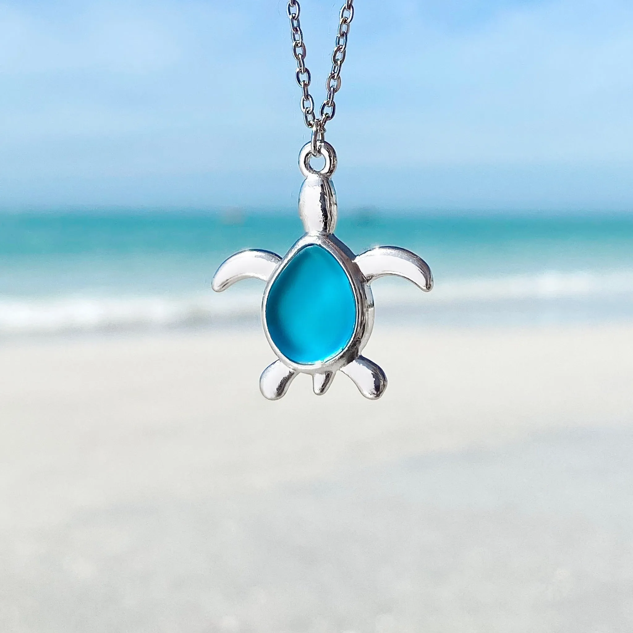 Sea Glass Sea Turtle Necklace - Sky Blue