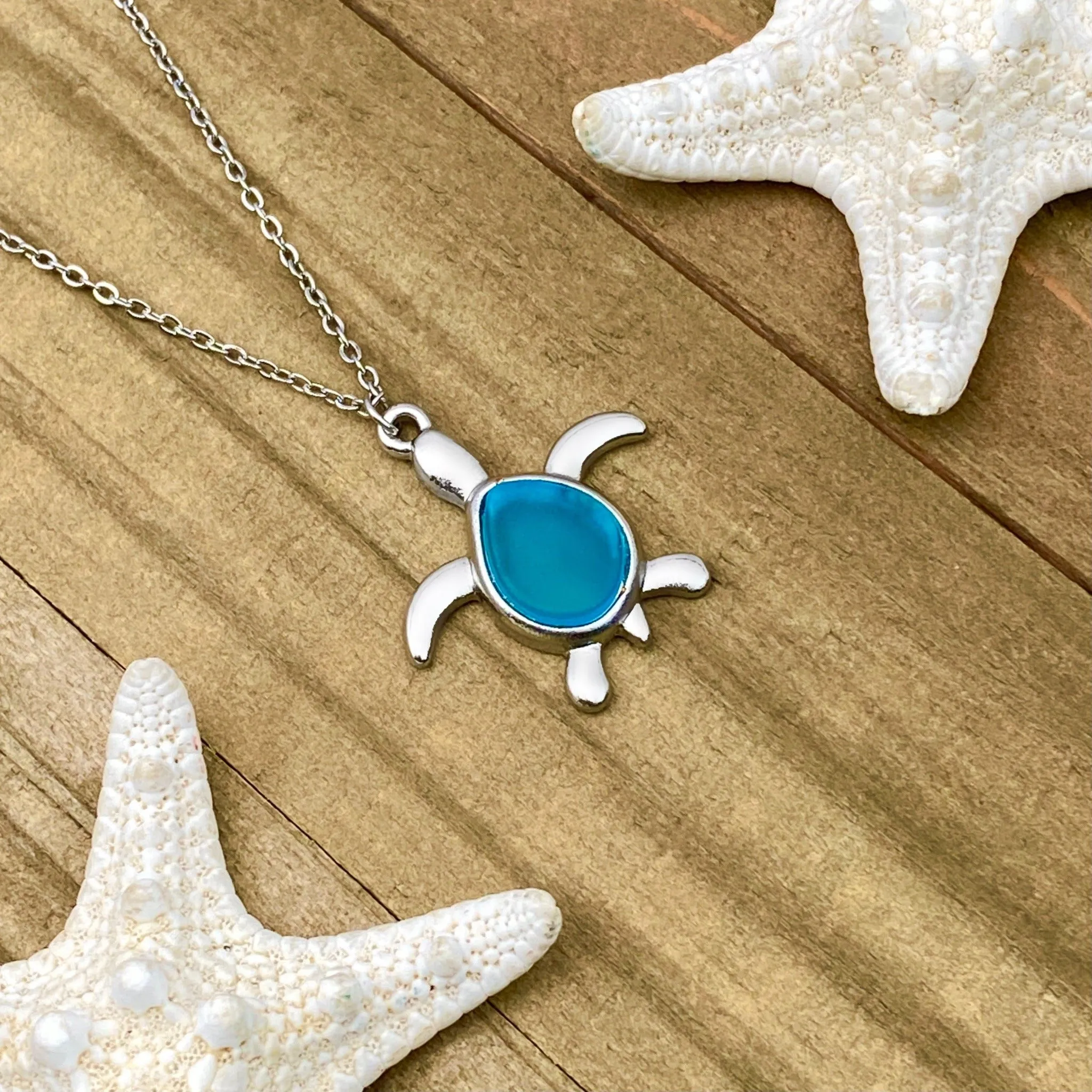 Sea Glass Sea Turtle Necklace - Sky Blue