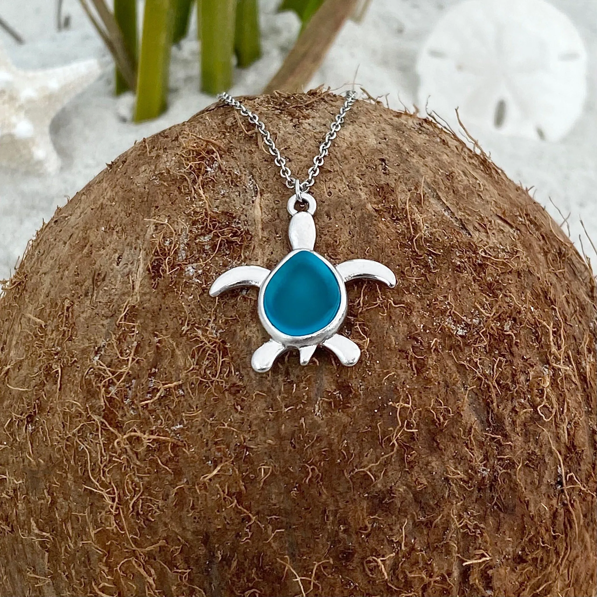Sea Glass Sea Turtle Necklace - Sky Blue