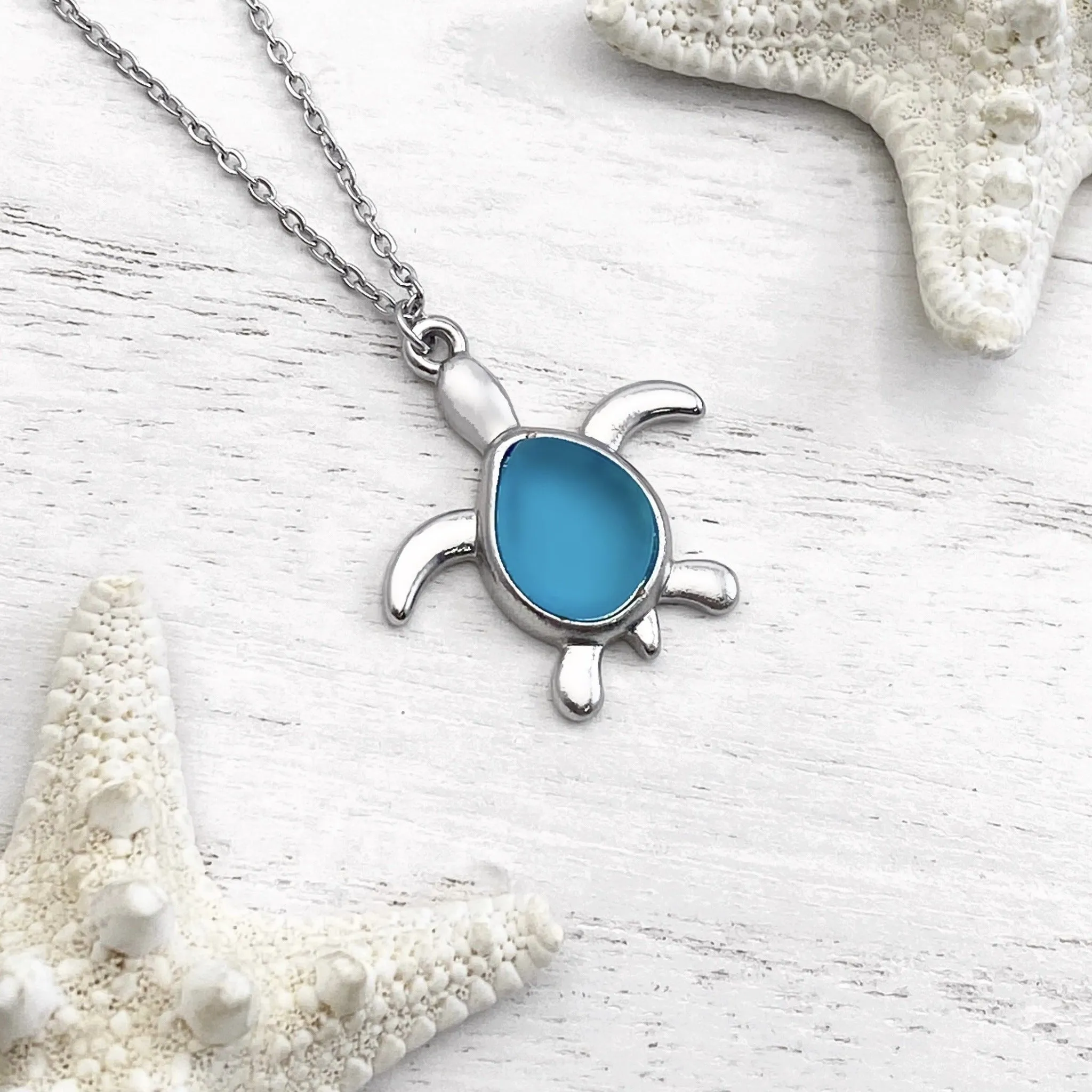 Sea Glass Sea Turtle Necklace - Sky Blue