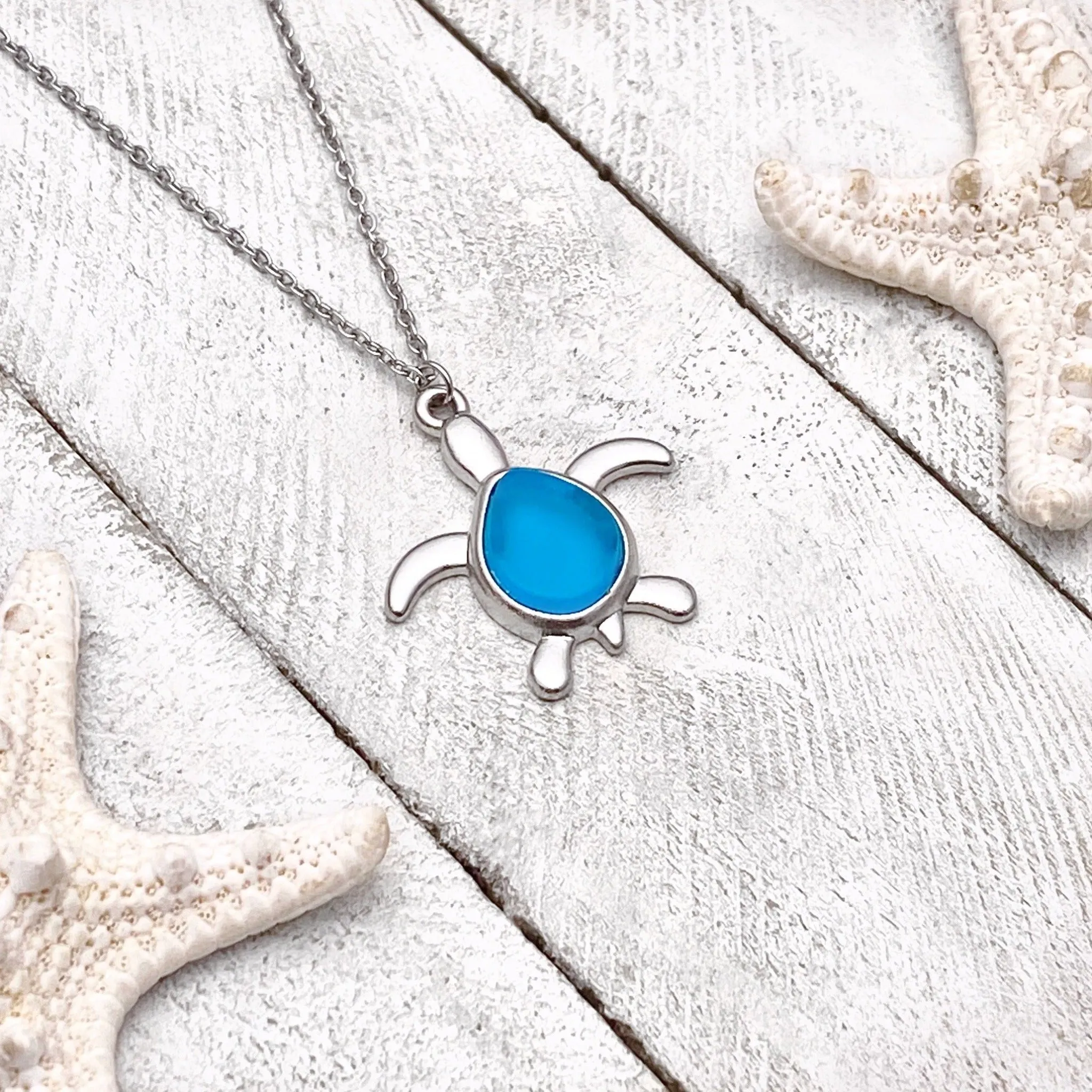 Sea Glass Sea Turtle Necklace - Sky Blue