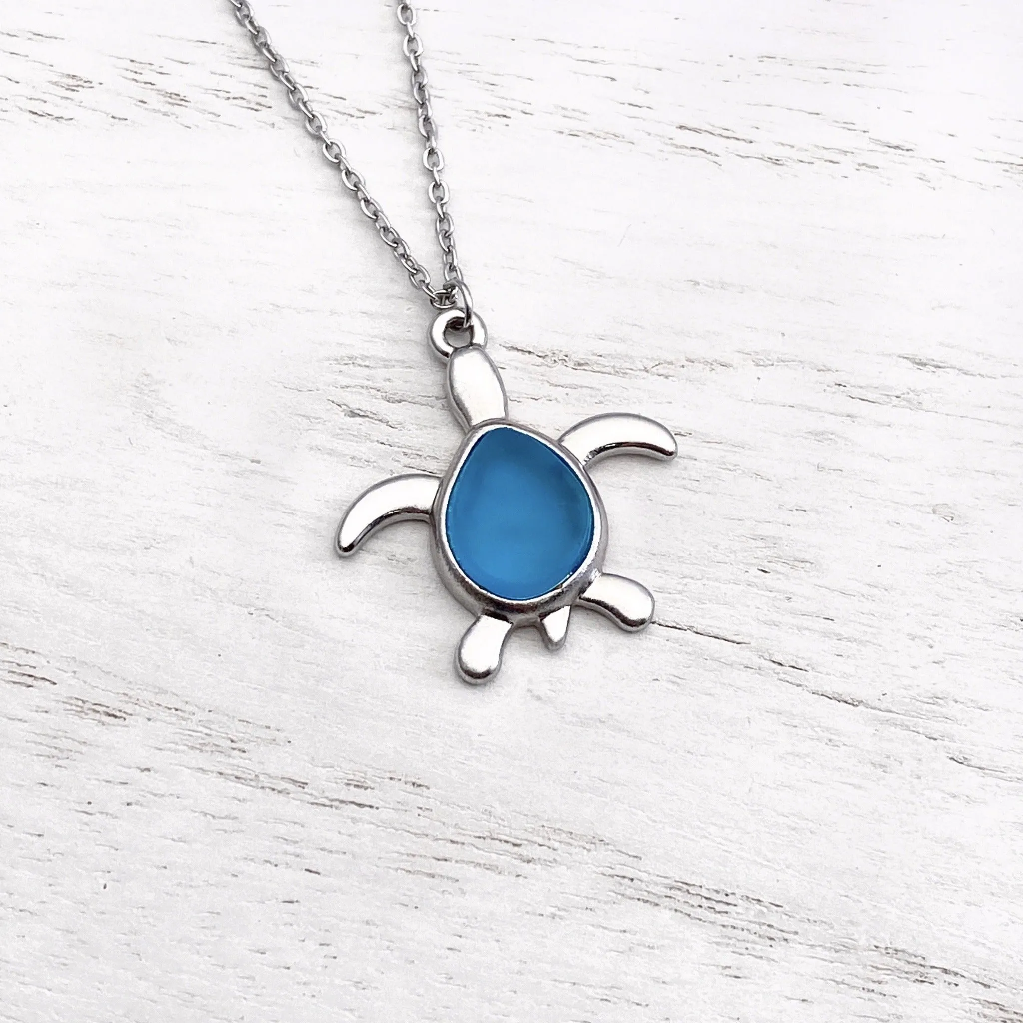 Sea Glass Sea Turtle Necklace - Sky Blue