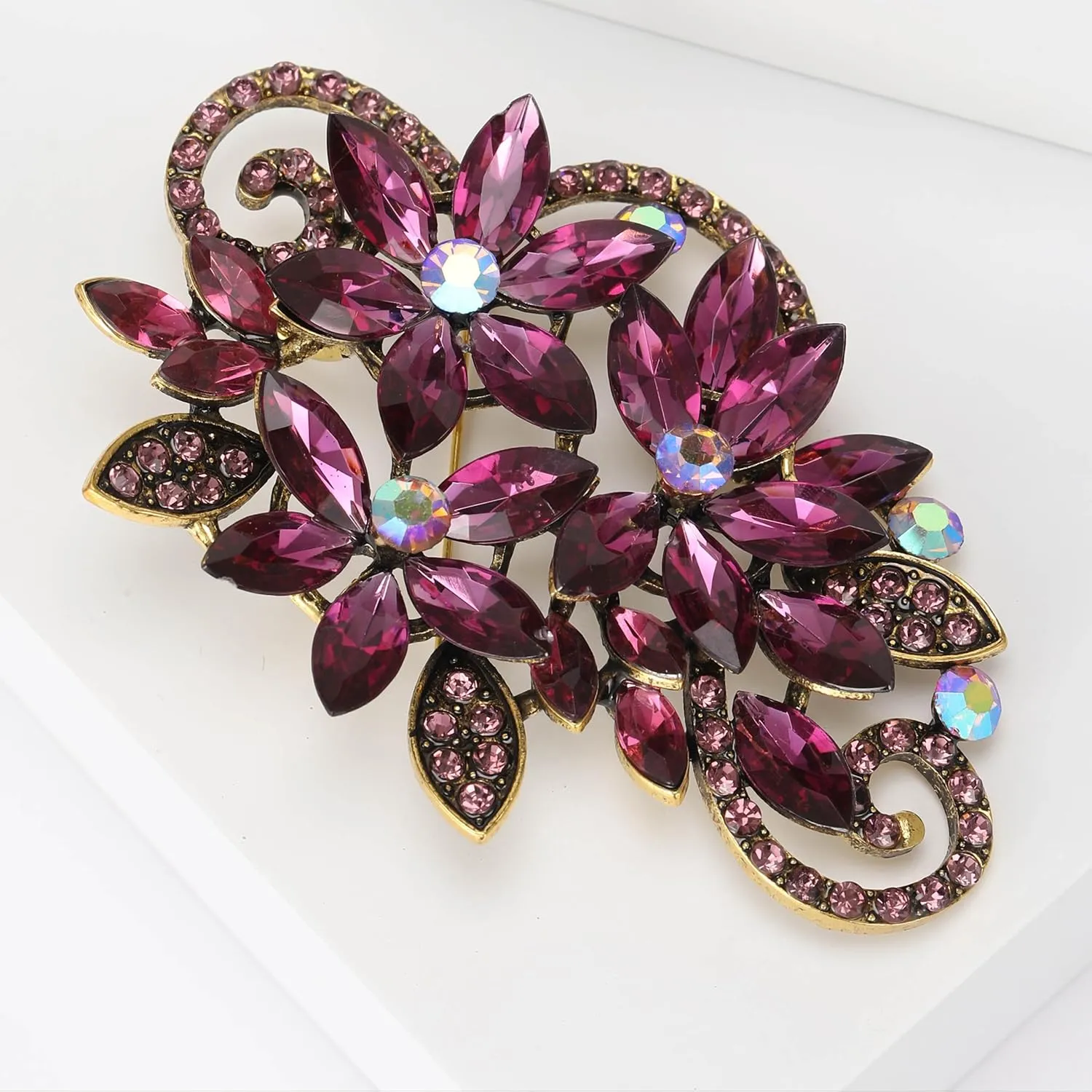 SELOVO Vintage Gold Tone Rhinestone Flower Leaf Scarf Elegant Pin Brooch For Women