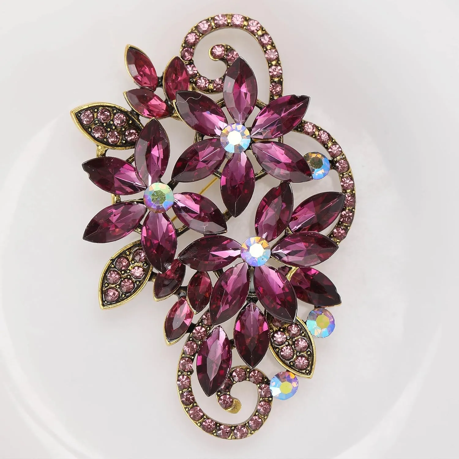SELOVO Vintage Gold Tone Rhinestone Flower Leaf Scarf Elegant Pin Brooch For Women