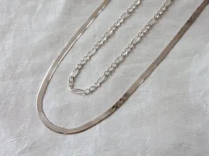 Silver Herringbone and Thin Figaro Chain Necklace Set