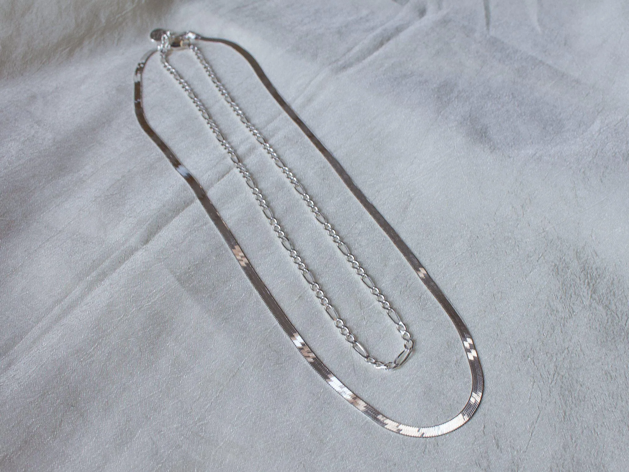 Silver Herringbone and Thin Figaro Chain Necklace Set