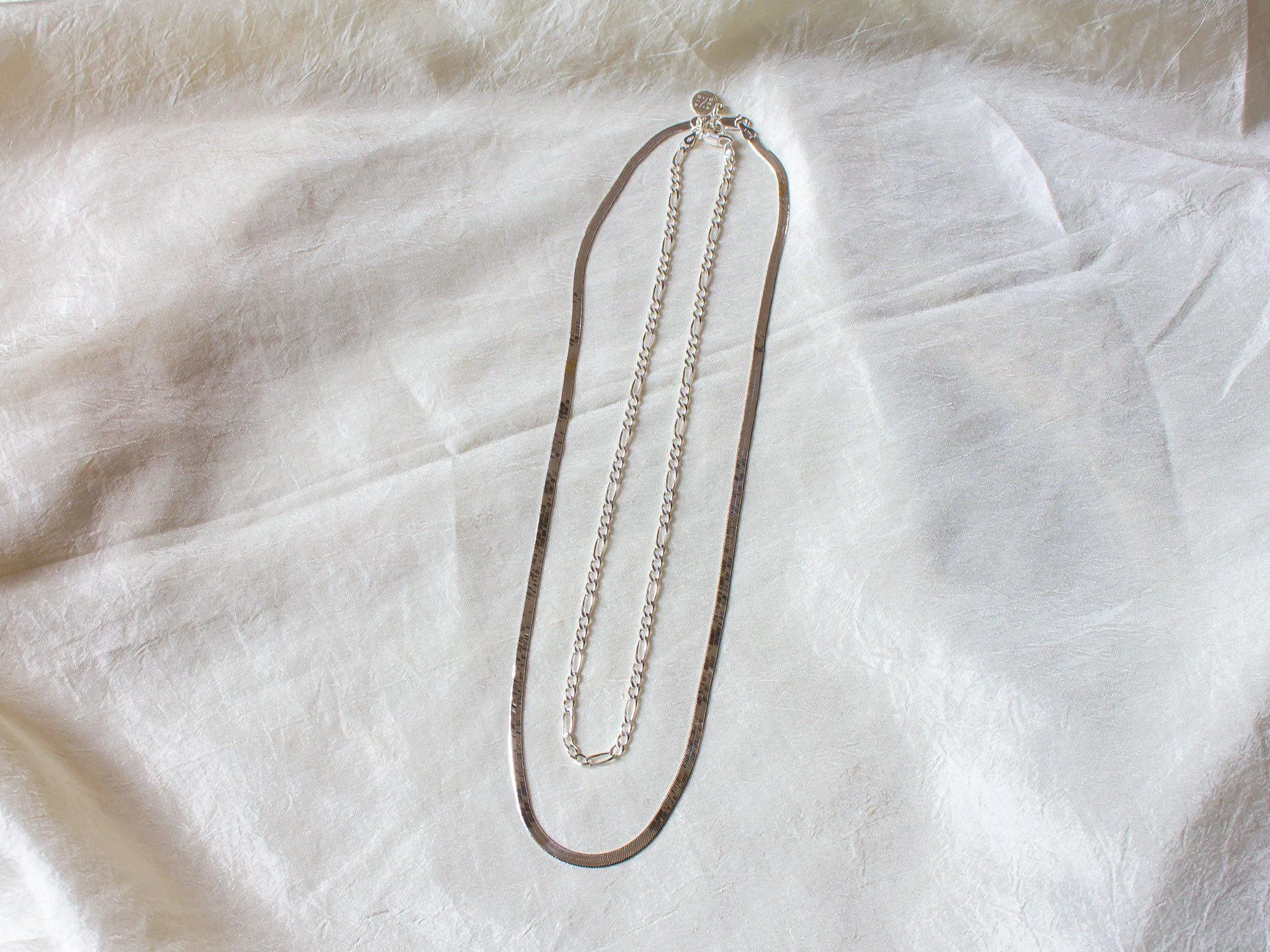 Silver Herringbone and Thin Figaro Chain Necklace Set