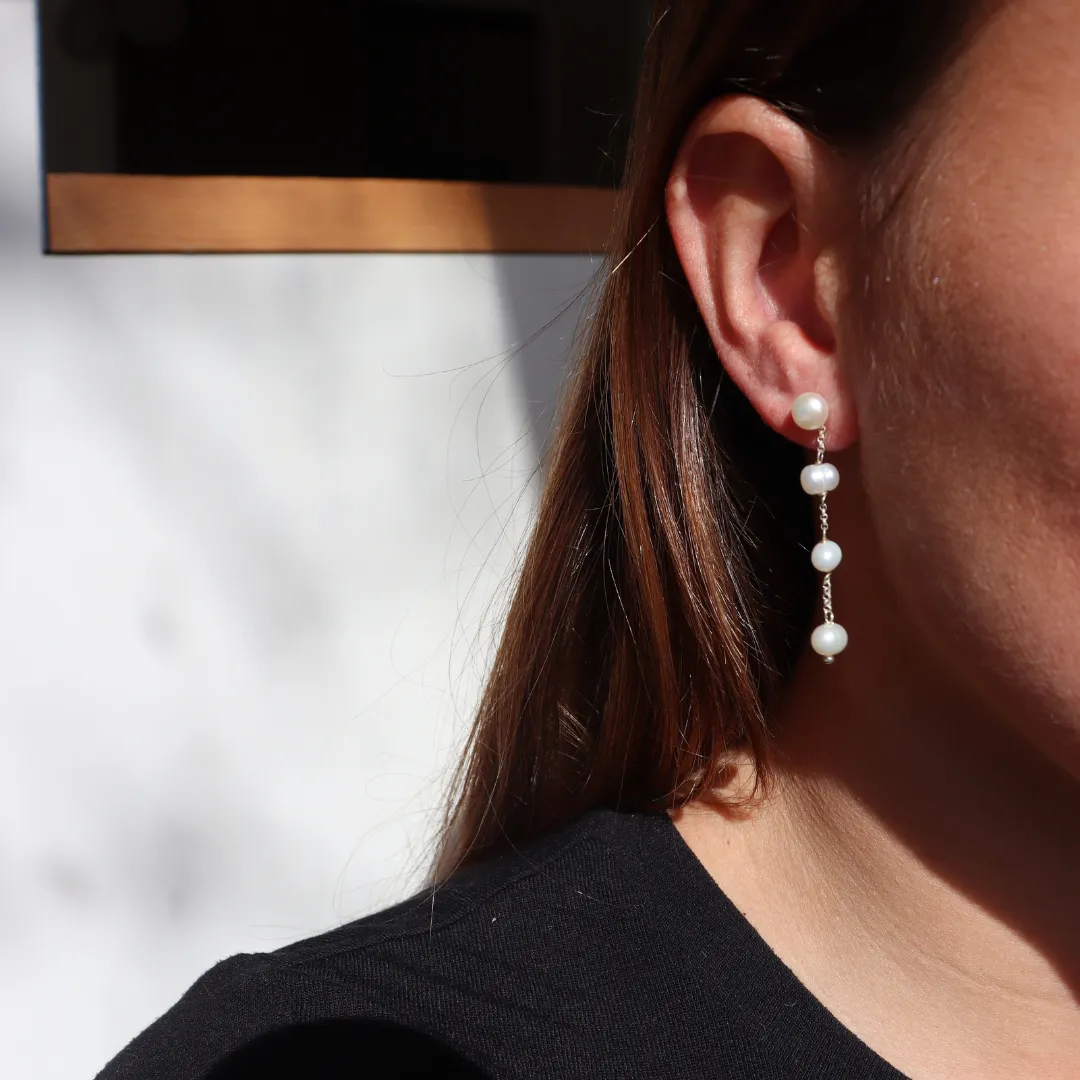 Silver Perle Four Drop Pearl & Chain Earrings