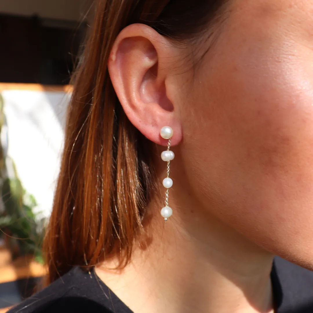 Silver Perle Four Drop Pearl & Chain Earrings