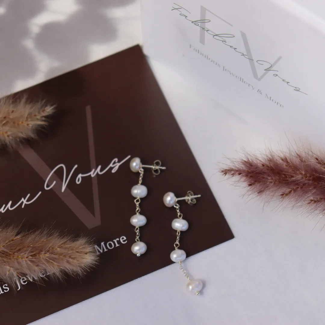 Silver Perle Four Drop Pearl & Chain Earrings