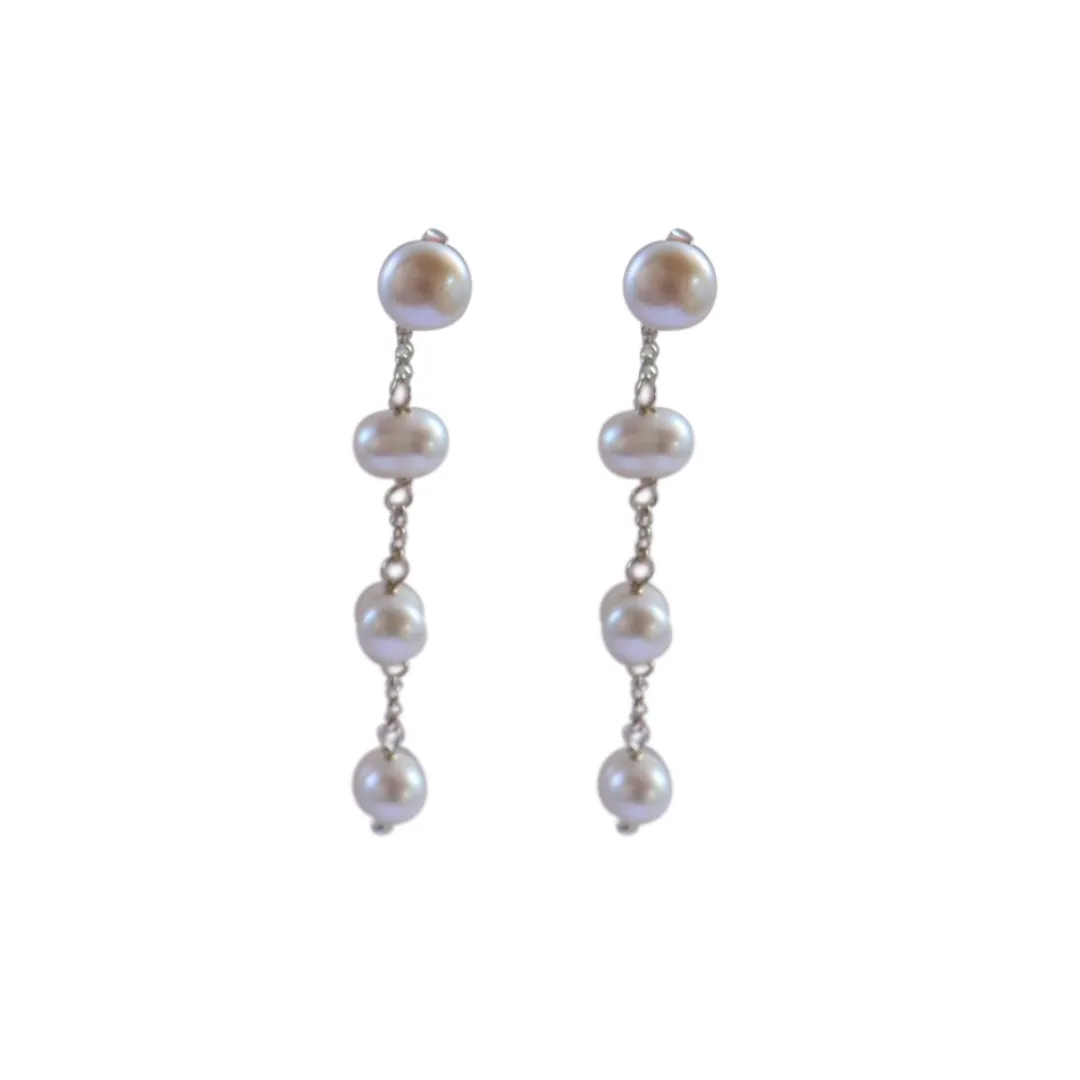 Silver Perle Four Drop Pearl & Chain Earrings