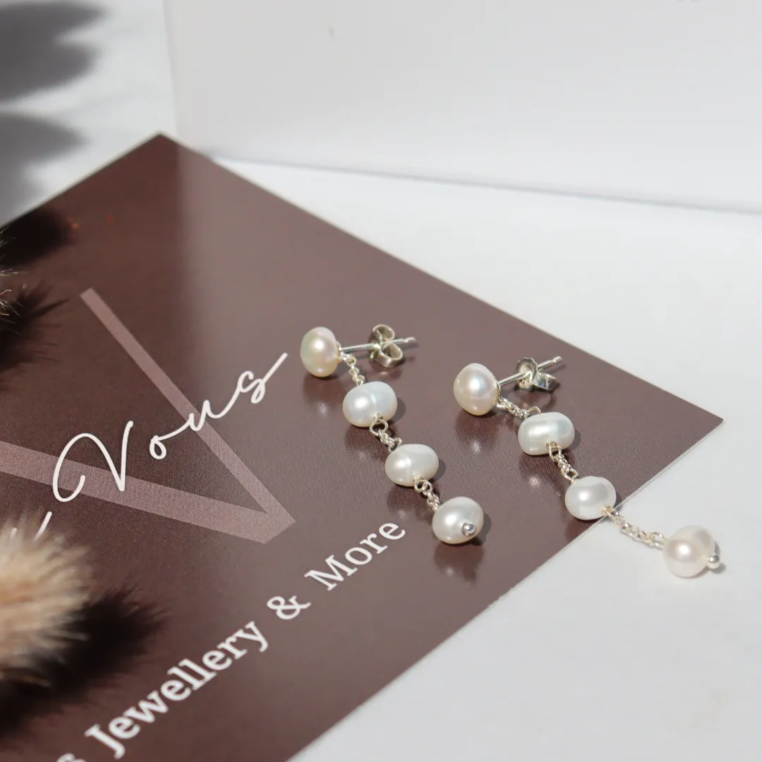 Silver Perle Four Drop Pearl & Chain Earrings