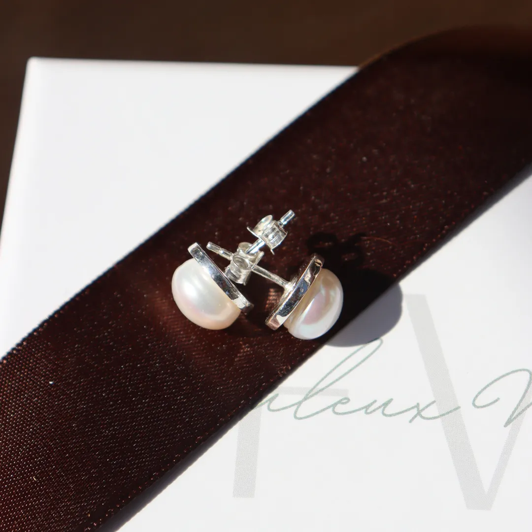 Silver Perle Fresh Water Pearl Button Stud Earrings