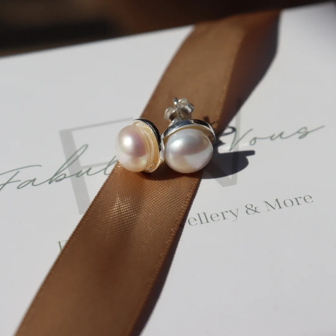 Silver Perle Fresh Water Pearl Button Stud Earrings