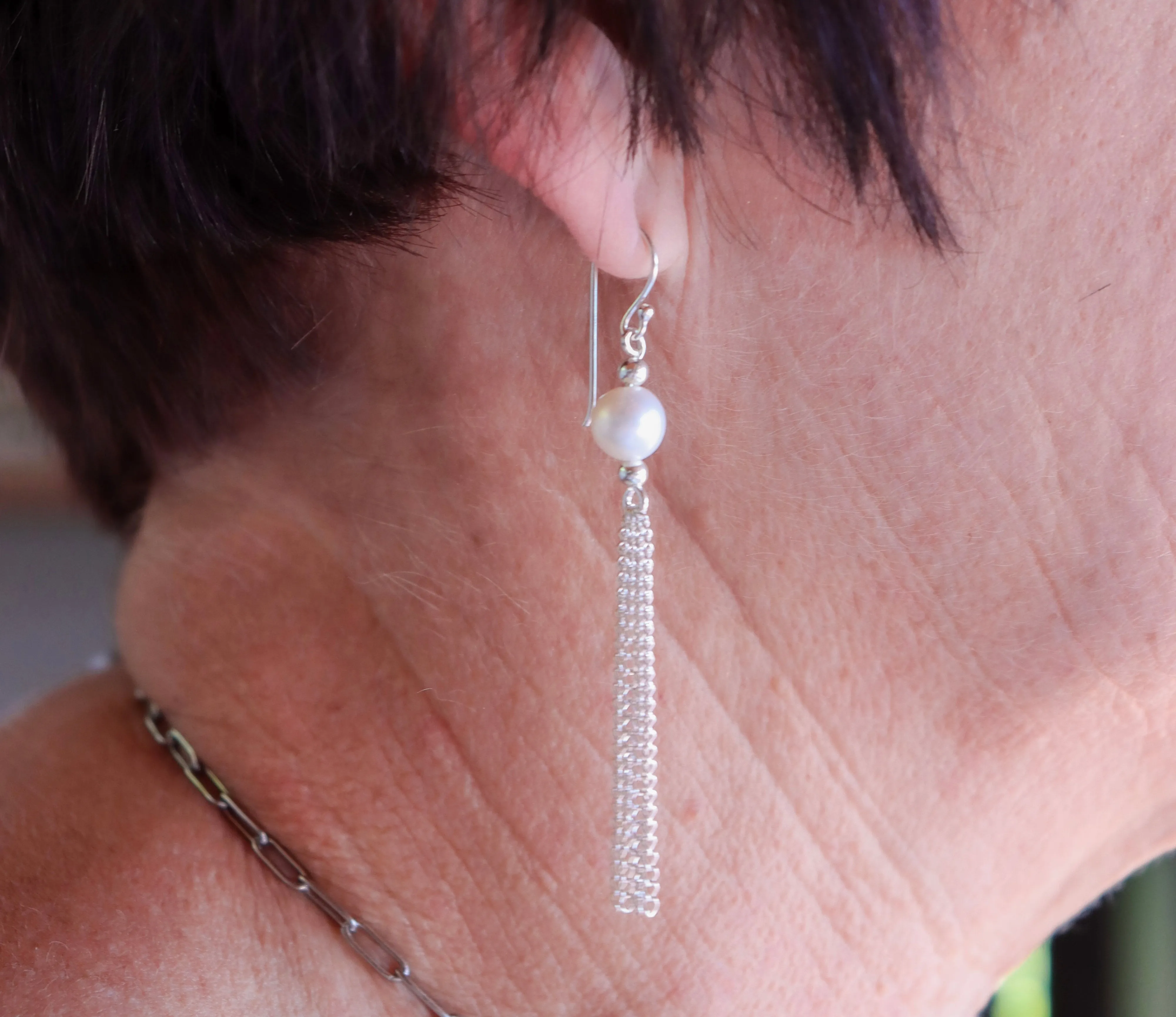 Silver Perle Pearl & Chain Earrings